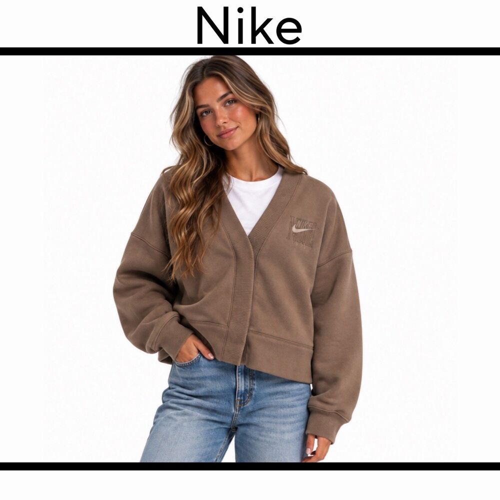 Nike Sportswear Phoenix Embroidered Oversize Fleece Cardigan Medium Mink Brown